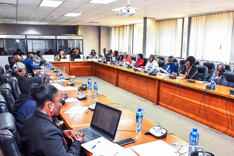 Members of a permanent committee at the horseshoe table in Midrand, wearing interpretation headsets.